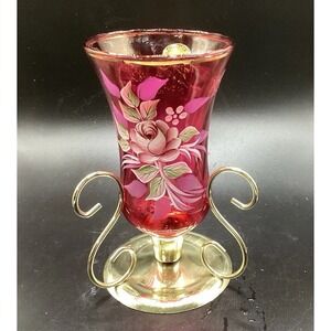 VTG Red Glass Vase /Candle Holder W/ Gold‎ Base 6.25" Tall-Signed